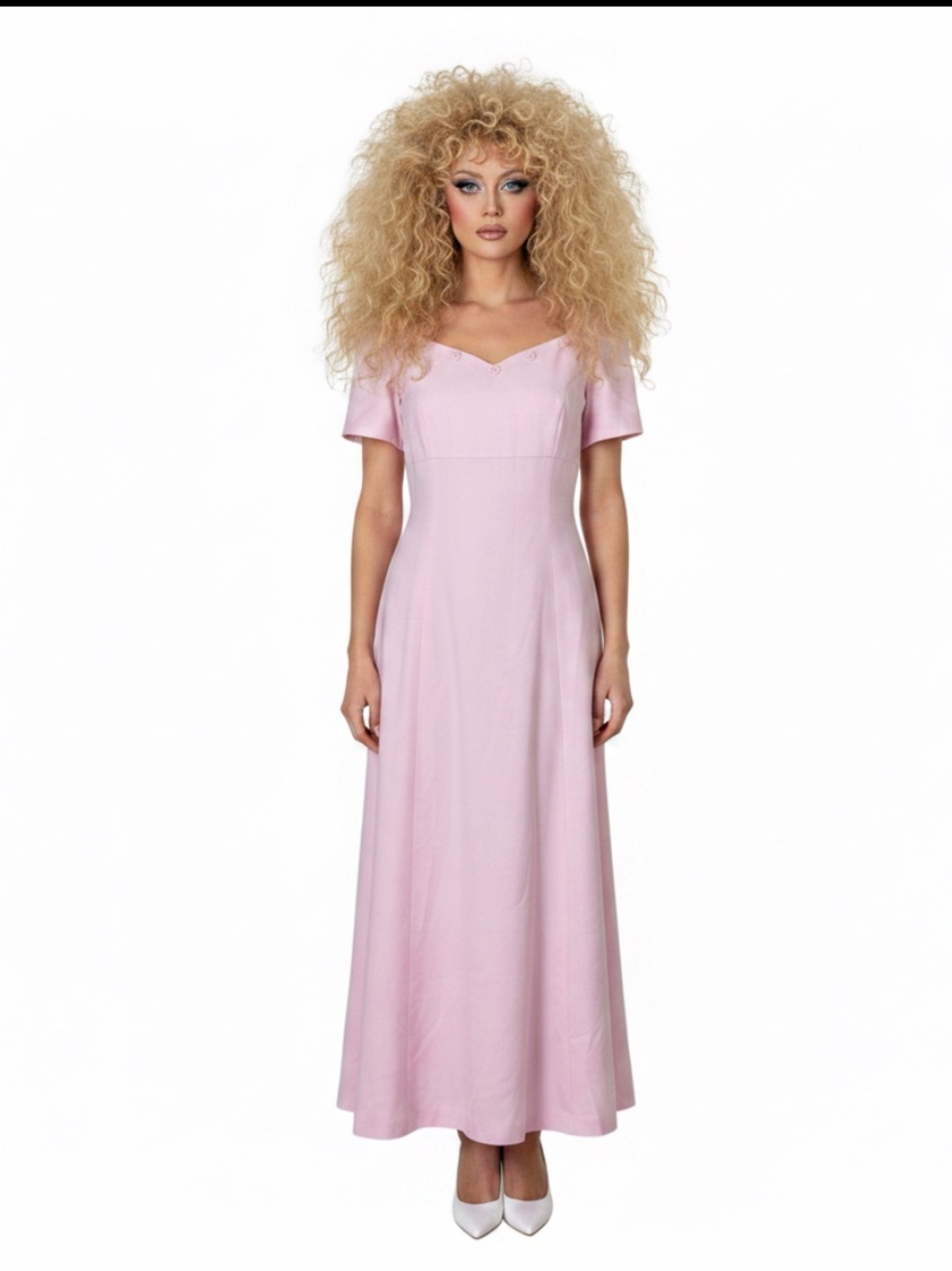 80’s Pretty in Pink short sleeve rose embellished sweetheart neck formal…